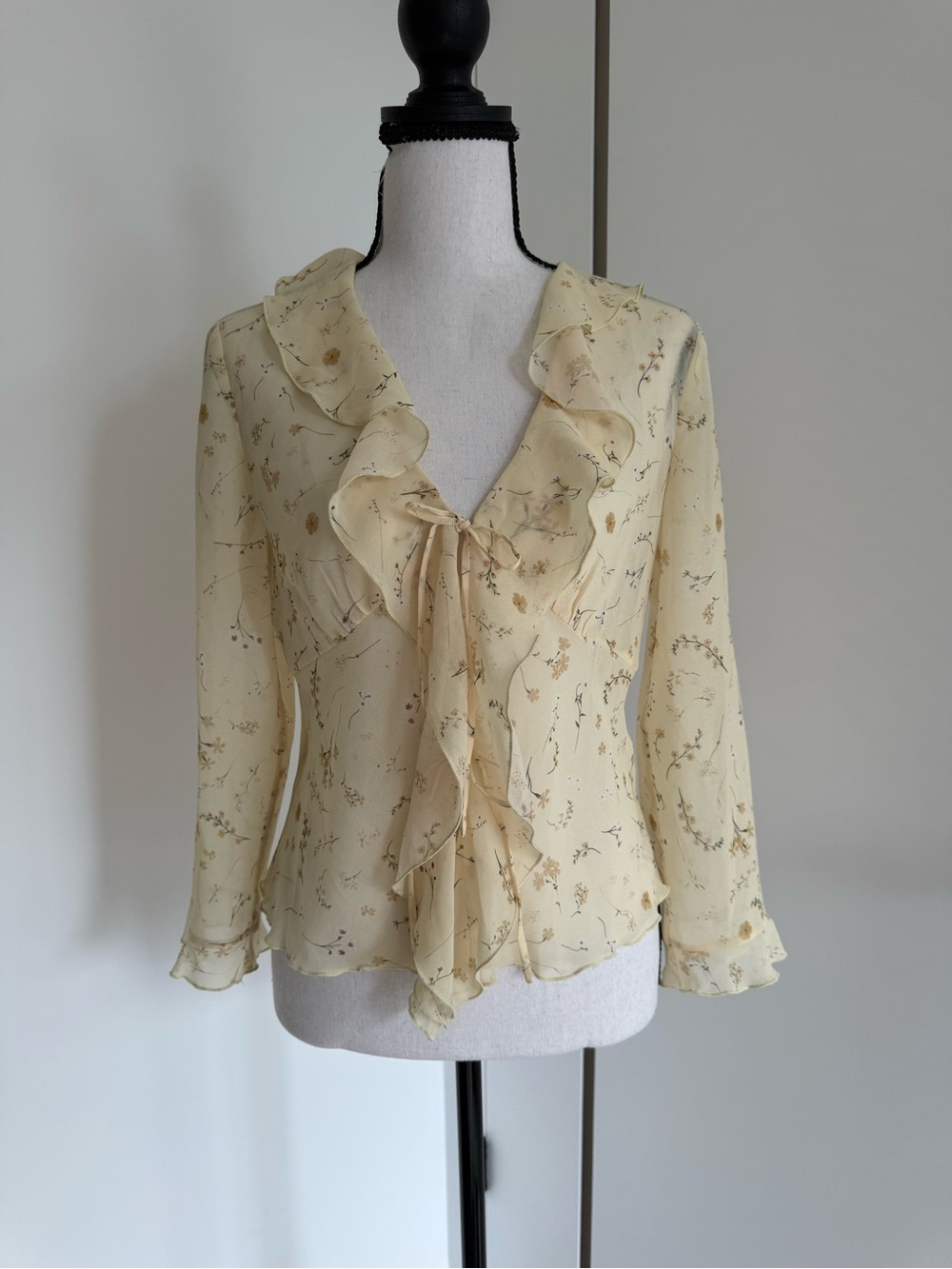 Wilfred Pale Yellow Sheer Floral Ruffle Tie-Front Blouse